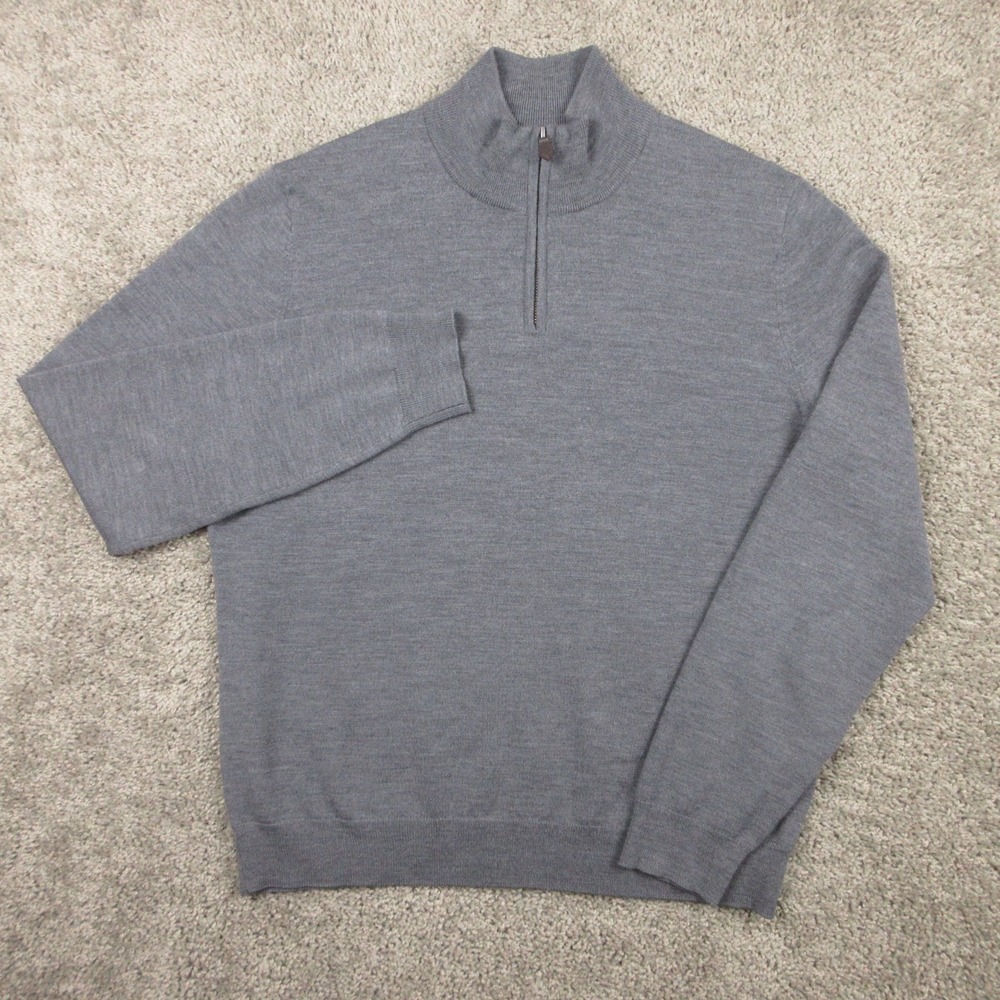 Bloomingdales Sweater Mens Large Gray Merino Wool Knit Quarter Zip Pullover